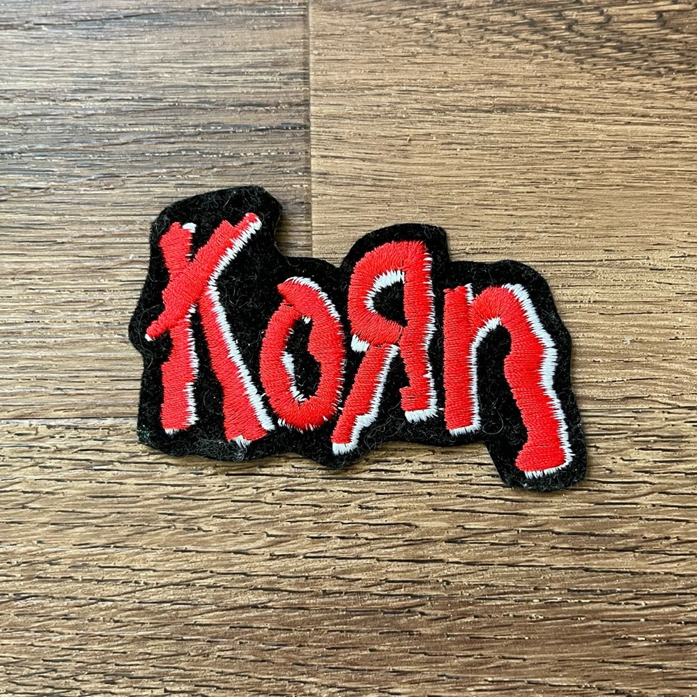 Korn Band Logo Embroidered Iron-On Patch Red Font White Shadow Black Background